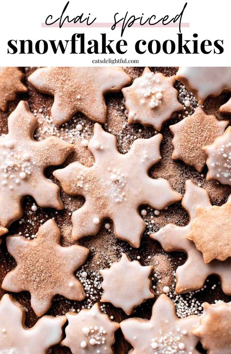 glazed and decorated snowflake cookies on wooden serving board Christmas Cookies Recipes Holiday Xmas, Snowflake Cookies Recipe, Chai Cookies Recipe, Chai Spice Cookies, Easy Cookie Dough, Roll Out Sugar Cookies, Spice Sugar Cookies, Christmas Cookie Recipes Holiday, Cut Out Cookie Recipe