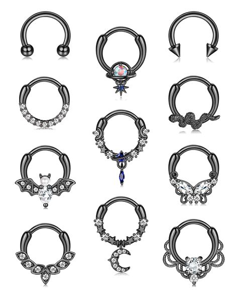 PRICES MAY VARY. 💃[SEPTUM RINGS SET]: One order includes 11pcs septum piercings: 2pcs simple septum rings; 3pcs cz septum rings; bat septum ring; cute snake septum ring; butterfly septum ring, 3 pcs dangle septum ring. Multiple styles to choose. 👧[GREAT QUALITY]: Our septum rings are made of 316L stainless steel, inlaid shiny AAA+ CZ, nickle & lead free, without sharp edge, easy to put on or take off, durable flexiable clicker design. 💎[GAUGE SIZE]: Septum piercing gauge: 16g(1.2mm); Inner di Gothic Septum Piercing, Butterfly Septum, Cute Septum Rings, Septum Piercing Jewelry, Ring Butterfly, Daith Piercing Jewelry, Septum Rings, Septum Piercings, Daith Earrings