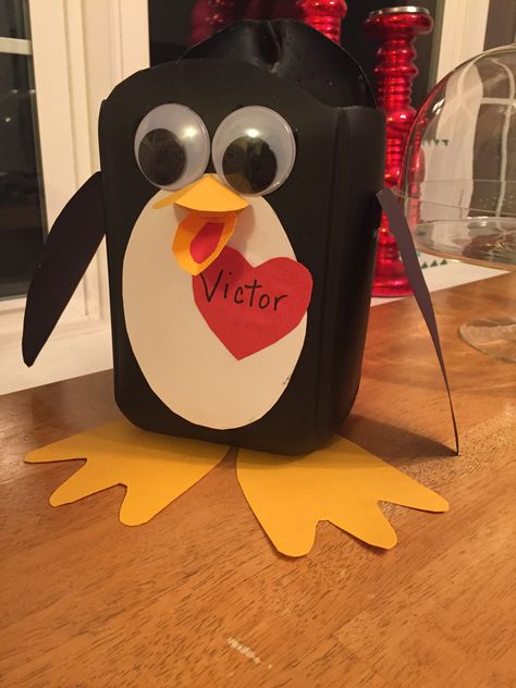 Milk Jug penguin for valentines Milk Jug Crafts, Diy Valentines Box, Valentines Box, Valentine Mailbox, Valentine Day Boxes, Fun Christmas Decorations, Diy Valentines Crafts, Valentines School, Valentine Box