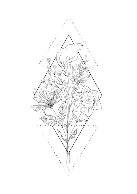 Family Floral Tattoo, Line Art Family Of 4, Family Of 4 Tattoo, Birth Flower Drawing, Eva Tattoo, Bouquet Line Art, Line Art Family, Geometric Shape Tattoo, Flower Bouquet Tattoo