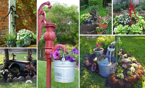 Garden | Decor Home Ideas Old Water Pump Ideas, Spring Garden Ideas, Old Water Pumps, Hand Water Pump, Spring Planter, Bucket Planters, Fire Pit Landscaping, Flower Tower, Rustic Planters