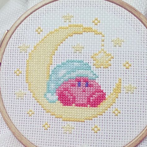 Kirby - Cross Stitch WIP. 🥰 #crossstitch #crossstitchpattern #craft #kirby #pixel #pixelart #retro #moon #pretty #love Kirby Cross Stitch Pattern, Kirby Cross Stitch, Retro Moon, Pretty Cross Stitch, Kawaii Cross Stitch, Stitching Ideas, Stitch Ideas, Pixel Art Pattern, Stitch Art