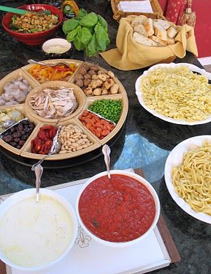 How to Host Your Own Pasta Bar | Big Red Kitchen - a regular gathering of distinguished guests Party Food Bar Ideas, Pasta Dinner Party, Nacho Bar Party, Food Bar Ideas, Party Food Bars, Party Food Bar, Dinner Party Ideas, Nacho Bar, Pasta Party