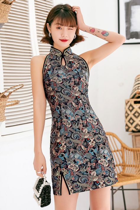 Vintage Button Chinese Dress Women Exquiste Embroidery Qipao Big Size Cheongsam Sexy High Split Tight Mini Vestidos Formal Dress Chinese Style Dress, Flower Red, Formal Party Dress, Black Flower, Chinese Dress, Cheongsam, One Piece Swimwear, Traditional Dresses, Floral Printed