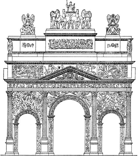 Arc de Triomphe d'Orange ( reconstitution ) Roman Triumphal Arch, Rome Buildings, Orange France, Classical Facade, Black And White Building, Architecture Antique, Architecture Drawing Presentation, Classical Greece, Triumphal Arch