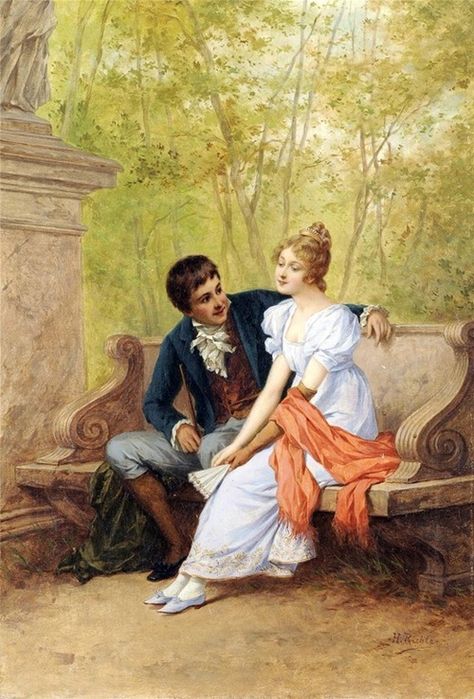 Rajumanna Sitting On A Bench, Art Through The Ages, Victorian Paintings, Romantic Period, Romantic Paintings, Couple Painting, Art Ancien, Regency Era, Classic Paintings