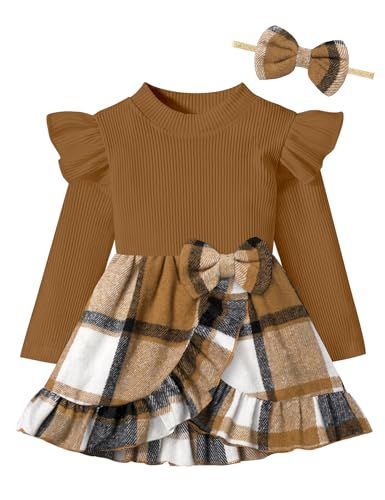 WIQI Baby Girl Dress Ruffle Sleeve Plaid Dresses Ribbed Infant Girl Fall Winter Outfits with Bowknot Headband Plaid Dresses, Girls Winter Dresses, Winter Dress Outfits, Infant Girl, Girl Falling, Plaid Dress, Fall Winter Outfits