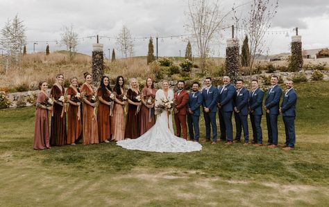 burgundy and navy wedding colors on the bridal party Navy Blue Copper Wedding Bridesmaid Dresses, Terracotta And Navy Wedding Bridesmaid Dress, November Wedding Bridal Party, Rust Wedding Bridesmaid Dresses, Burnt Orange And Navy Wedding Party, Navy And Burgundy Wedding Party, Rust And Navy Wedding Party, October Wedding Bridal Party, Fall Color Wedding Party