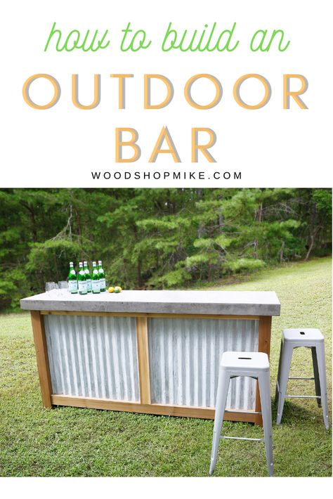 Ever wished you had a great space outside to serve drinks and party food? Watch as Woodshop Mike shows you step by step how to make this outdoor bar, complete with a concrete top! Made with weather resistant materials, this outdoor bar will serve you and your guests for years to come. #outdoorbar #entertaining #outdoorfurniture #DIY #outdoor #outdoorparty #entertainingoutside #concrete #concretecountertop #rusticoutdoorbar #potterybarn #potterybarnoutdoorbar #woodworking #woodprojects #outside Diy Patio Bar, Rustic Outdoor Bar, Outdoor Bar Plans, Diy Outdoor Bar, Outside Bars, Bar Plans, Outdoor Patio Bar, Diy Garage Door, Backyard Bar