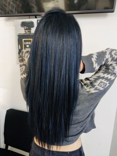 Blue Over Black Hair, Blue Hair Highlights Straight Hair, Asian Blue Black Hair, Dark Blue With Black Hair, Blue Black Hair With Blue Highlights, Black Hair Dyed Blue, Black Hair With Hint Of Blue, Dark Blue Layered Hair, Deep Blue Black Hair