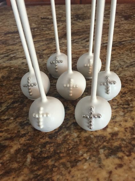 Christening Cake Pops Confirmation Cakes Catholic, Communion Cake Pops, Christian Cakes, Vbs Snacks, Catholic Confirmation, Confirmation Party, Cake Pop Designs, Confirmation Cakes, School Cake