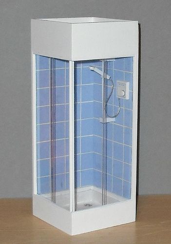 dollhouse blue shower closed    shower with ceramic tray, and opening sliding glass panels. 1/12th scale Dollhouse Shower Diy, Dollhouse Build, Barbie Bathroom, Doll Diorama, Minimalist Showers, Diy Barbie House, Dollhouse Bathroom, Doll Furniture Diy, Diy Barbie Furniture