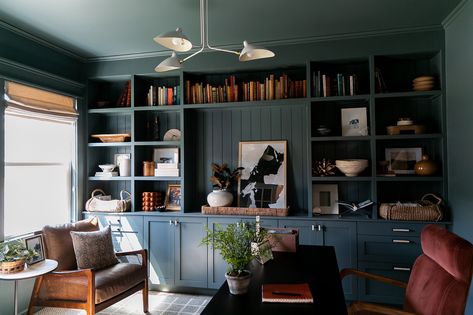 The Office Reveal! - Pretty Real Deep Blue Office Walls, Dark Painted Built Ins, Color Drenched Office, Guys Office, Teal Office, Moody Dining Room, Painted Built Ins, Blue Home Offices, Moody Office