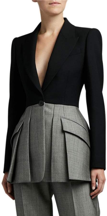 Alexander McQueen Herringbone-Peplum Pleated Blazer Elegantes Business Outfit, Pleated Blazer, Woman Suit Fashion, Blazer Designs, Mein Style, Moda Vintage, Looks Chic, Suit Fashion, Mode Vintage