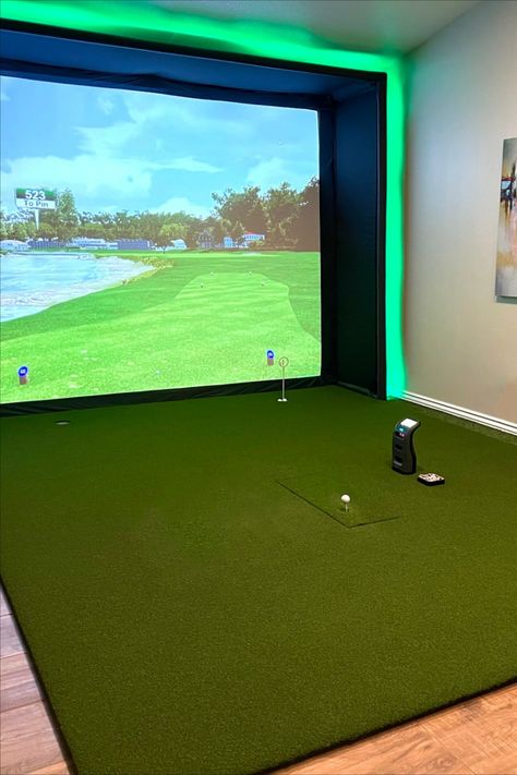 Indoor Golf Course, Small Golf Simulator Room, Diy Golf Simulator, Simulator Room, Home Golf Simulator, Indoor Golf Simulator, Diy Golf, Open Basement, Golf Simulator Room