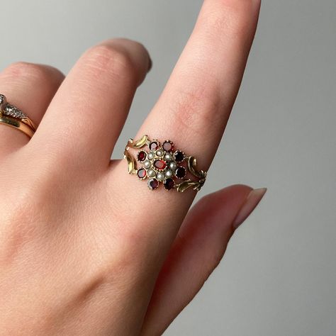 Antique Garnet and Pearl Ring of 12ct Gold Antique Wedding Rings Gold, Byzantine Jewelry Ancient, Antique Pearl Ring, Vintage Ruby Engagement Ring, Victorian Rings Engagement, Georgian Engagement Ring, Antique Engagement Rings Victorian, Pearl Engagement Ring Set, Antique Garnet Ring