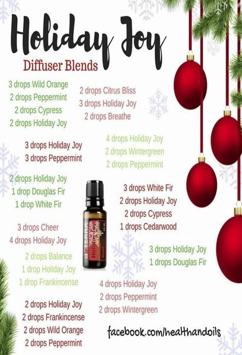 Holiday diffuser blends Christmas Diffuser Blends, Joy Essential Oil, Terra Essential Oils, Doterra Oils Recipes, Doterra Diffuser Blends, Doterra Essential Oils Recipes, Essential Oil Diffuser Blends Recipes, Essential Oil Remedy, Essential Oil Diffuser Recipes