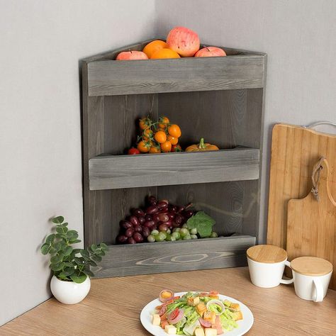 Corner Fruit Storage, Small Space Fruit Storage, Farmhouse Fruit Storage, Fruit Rack Ideas, Countertop Vegetable Storage, Smart Kitchen Storage Space Saving, Vegetable Rack Ideas, Fruit Bowl Display Kitchen Counter Space, Fruit Bowl Ideas Decor Counter Space