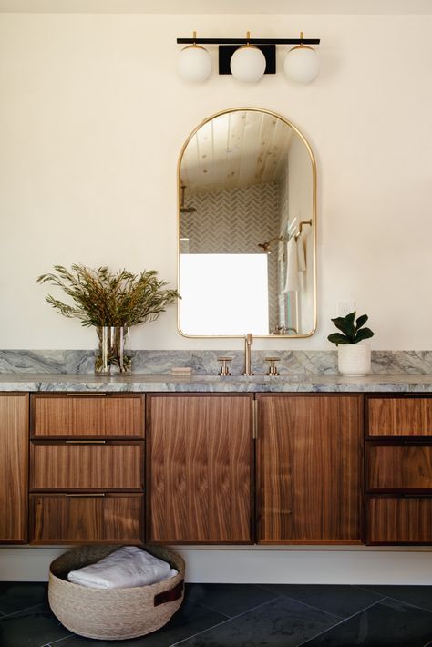 Organic-Natural-bathroom-Walnut-Vanity-by-Laura-Medicus-Interiors Natural Bathroom Design, Modern Organic Bathroom, Organic Bathroom, Organic Modern Bathroom, Dark Wood Bathroom, Mountain Modern Home, Rustic Laundry Rooms, Natural Bathroom, Modern Mountain Home