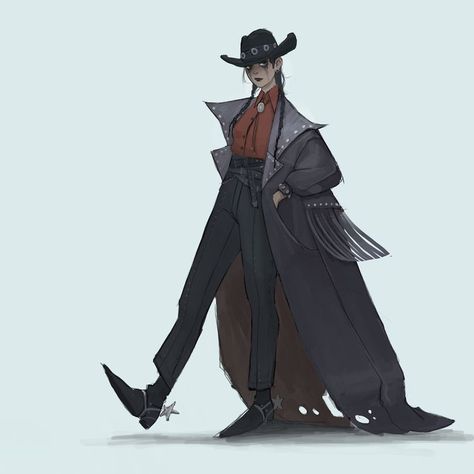 Western Gothic Character Design, Alt Western Aesthetic, Southern Gothic Dnd Character, Country Character Design, Gothic Cowboy Fashion, Cowboy Outfit Drawing, Wild West Oc, Goth Cowboy Aesthetic, Western Character Design