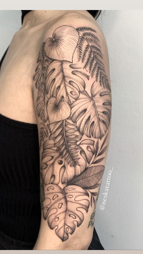 Leaves Half Sleeve Tattoo, Plant Sleeve Tattoo Botanical Drawings, Hawaiian Leaves Tattoo, Monstera Plant Tattoo Design, Plant Inspired Tattoos, Monstera Leg Tattoo, Houseplant Tattoo Sleeve, House Plant Tattoo Sleeve, Plant Half Sleeve Tattoo