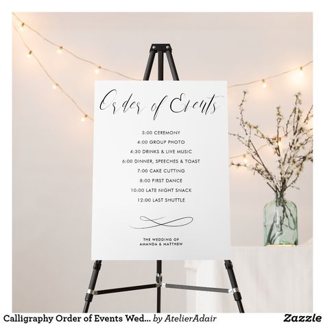 Calligraphy Order of Events Wedding Timeline Sign Wedding Video Booth, Open Seating Wedding, Order Of Events Wedding, Wedding Order Of Events, Rehearsal Dinner Decorations, Vowel Renewal, Order Of Events, Bar Menu Wedding, Seating Sign