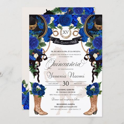 Royal Blue Rose & Black Western Charro Quinceanera Invitation Blue Charro Quinceanera Dresses, Charro Quinceanera Theme, Quinceñera Invitations, Charro Theme, Western Invitations, Mexican Quinceanera, Charro Quinceanera Dresses, Quince Invitations, Quinceanera Planning