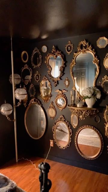 Mirror Gallery Wall Ideas, Mirror Collage Wall, Vintage Mirror Wall Decor, Gold Frame Gallery Wall, Decorative Bathroom Mirrors, Mirror Collage, Large Floor Mirror, Mirror Gallery, Taupe Walls