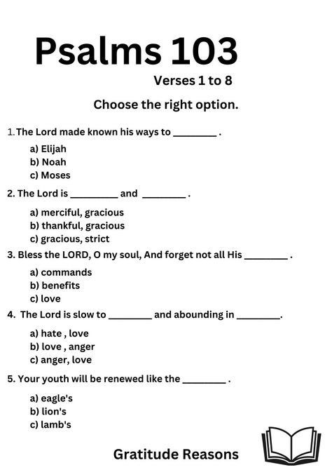 Choose the right option Quiz on Psalms 103 to help memorize Bible Verse for Sunday School Kids in a creative way Bible Verse For Sunday, Psalms 103, Christian Games, Memory Verses For Kids, Memory Verse Games, Childrens Ministry Lessons, Catholic Kids Activities, Bible Trivia, Verses For Kids