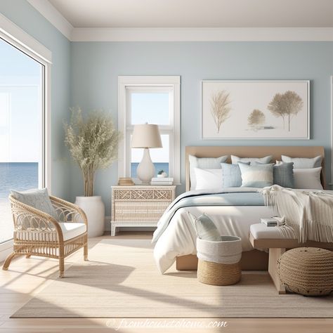 A two-toned bedroom featuring light blue walls and a beige ceiling Futuristic Playground, Light Blue Dorm Room, Smart Mirrors, Light Blue Dorm, Room Light Blue, Modern Coastal Bedroom Ideas, Blue Dorm Room, Blue And Cream Bedroom, Beige Ceiling