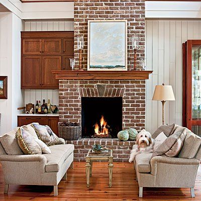 Fireplace Inspiration: 10 Fireplaces that Showcase Natural Brick or Stone Small Keeping Room, Keeping Room With Fireplace, Red Brick Fireplace, White Fireplace, Keeping Room, Cozy Fireplace, The Fireplace, Cozy Decor, Brick Fireplace