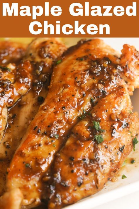 Maple Glazed Chicken is an easy, healthy, and delicious dinner or meal prep recipe! Made with pure maple syrup, fresh lemon juice, dijon mustard, and minced garlic … these boneless skinless chicken breasts are smothered in a sweet, savory, flavorful, and sticky glaze. Garnish with fresh parsley for a beautiful and simple 30 minute chicken dinner perfect for a busy weeknight! Maple Chicken Recipes, Maple Syrup Chicken, Maple Mustard Chicken, Maple Glazed Chicken, Skinless Chicken Breast Recipes, Glazed Chicken Breast, Maple Chicken, Chicken Boneless Breast Recipes, Parsley Recipes