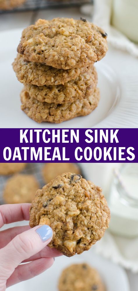 Kitchen Sink Oatmeal Cookies - oatmeal cookies filled with everything but the kitchen sink! Chocolate chunks, white chocolate chips, cinnamon chips, walnuts, raisins, and coconut! Coconut Raisin Cookies, Sink Cookies, Cookies Oatmeal, Kitchen Sink Cookies, Cookies Chewy, Oatmeal Raisin Cookies Chewy, Everything But The Kitchen Sink, Cinnamon Chips, Oatmeal Raisin Cookies