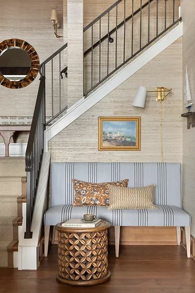 Incredible Traditional Yet Functional Interior Design Ideas - Decoholic Cottage Stairs, Stair Nook, Greenwich House, Striped Decor, Beautiful Entryways, Mud Rooms, Interior Desig, Lakefront Homes, Lake House Decor