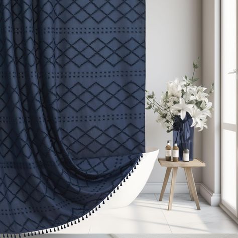 PRICES MAY VARY. BOHO NAVY BLUE SHOWER CURTAINS SET FOR BATHROOM - looking for a stylish and functional addition to your bathroom? look no further than our farmhouse shower curtain! measuring 72 x 84 inches, this curtain is perfect for most tub and shower areas, keeping water off your floors and giving you the privacy you need. FARMHOUSE SHOWER CURTAIN - make a statement with our boho shower curtain, featuring a unique chevron texture pattern that will add a touch of fashion to your bathroom. th 96 Inch Shower Curtain, Navy Blue Bathroom Decor, Navy Blue Shower Curtain, Navy Shower Curtain, Navy Blue Bathrooms, Navy Bathroom, Minimalist Showers, Farmhouse Shower Curtain, Bathroom Ambiance