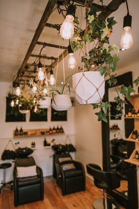 Solo Esthetician Room| Hair Salon Decor Ideas| Beauty Salon Decor Salon Decor With Plants, Decorate Salon Suite, Witchy Hair Salon Decor, Salon With Boutique Ideas, Booth Rental Ideas Salon Decor, Moody Hair Salon Decor, Boho Tanning Salon, Cozy Salon Decor, Clean Salon Design