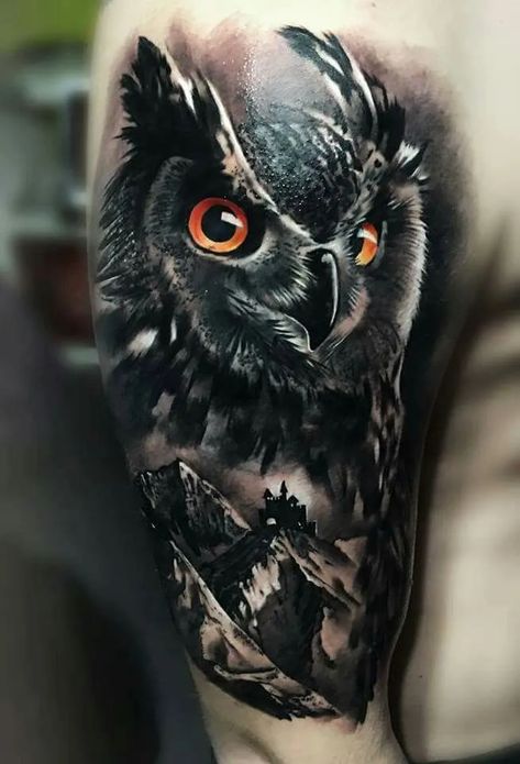 Owl Tattoos For Men, Native American Tattoo Symbols, Shoulder Cover Up Tattoos, Mens Owl Tattoo, Realistic Owl Tattoo, Realistic Eye Tattoo, Cover Up Tattoos For Men, Herren Hand Tattoos, All Black Tattoos