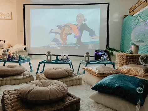 Indoor Movie Night Kids, Kids Movie Night Ideas Indoor, Movie Night Ideas Indoor, Indoor Movie Night Party, Indoor Birthday Party Ideas, Pajama Party Kids, Movie Night Seating, Kids Movie Party, Indoor Movie Night