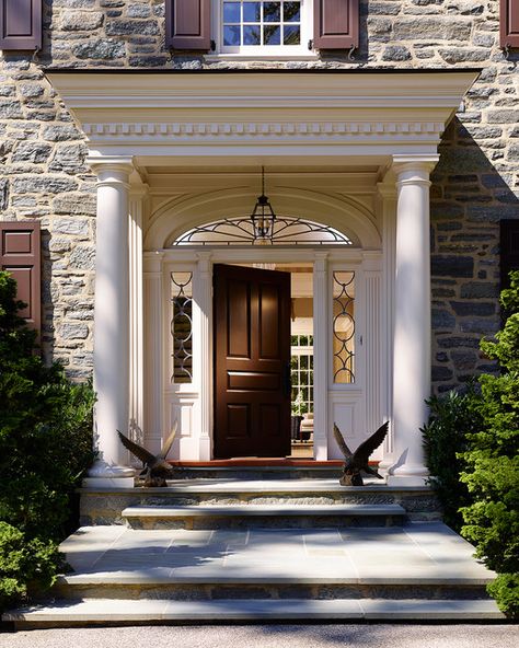 Bryn Mawr Stone Colonial - Traditional - Entry - Philadelphia - by Pinemar, Inc | Houzz Colonial Front Door, Portico Designs, Portico Design, Arsitektur Art Deco, Colonial House Exteriors, Colonial Exterior, Front Porch Design, Front Door Entrance, Foyer Design