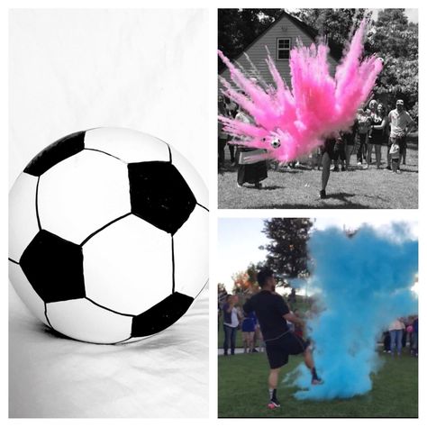 Powder-Filled Soccer Ball Soccer Ball Gender Reveal, Soccer Gender Reveal, Gender Reveal Box, Creative Gender Reveals, Soccer Baby, Gender Reveal Ideas, Baby Reveal Party, Gender Party, Gender Reveals