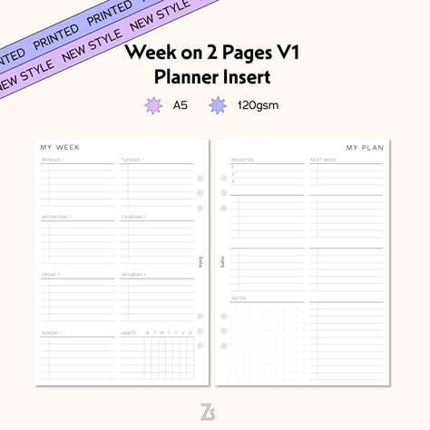 A5 Printed Planner Inserts Week on Two Pages, Weekly Planner, Filofax Planner Inserts Functional Planner, Print Planner, Stay Productive, Filofax Planners, Set Your Goals, A5 Planner, Planner Inserts, Monthly Calendar, Hole Punch