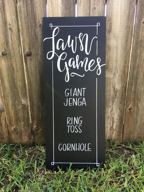 Yard Game Ideas to Keep Your Guests Smiling - Sign by KDunks Creative - #weddinggames #yardgames #weddings Games Sign, Lilac Wedding Bouquet, Wedding Activities, Chalkboard Wedding, Yard Games, Lawn Games, Wedding Decor Elegant, Barn Wedding Venue, Wedding Games