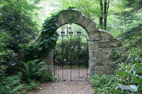 Stone arch & gate with dutchman's pipe | Lauren Jolly Roberts | Flickr Arch Gate, Stone Archway, Garden Gate Design, Garden Entrance, Stone Arch, Magical Garden, Iron Gate, Garden Doors, Entrance Gates