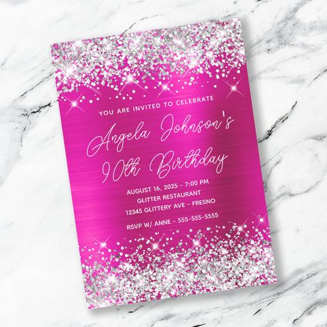 $ 2.8 | Silver Glitter Hot Pink Monoline 90th Birthday - luxury, elegant, girly glam, modern monoline calligraphy script, faux sparkly silver glitter, hot pink ombre foil, bright fuchsia pink, ninety 90, ninetieth birthday celebration, 90th birthday Monoline Calligraphy, Birthday Luxury, 90th Birthday Invitations, Silver Invitation, Glam Modern, Calligraphy Script, Modern Invitation, 90th Birthday, Fuchsia Pink