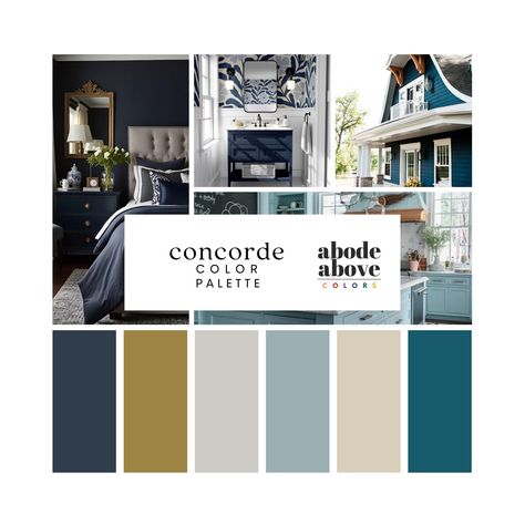 Concorde - Home Color Palette | Sherwin Williams 2024 Whole House Color Scheme | Interior Paint Design | Blue, Grey, White, Blue, Brass Navy Taupe Color Palette, Blue Black Gray Color Palette, 2024 Interior Color Palette, Navy Home Color Palette, Mediterranean House Color Palette, Best Interior Paint Colors 2024, Sherwin Williams Dark Blue, Paint Ideas For Living Room, Colors That Compliment Grey