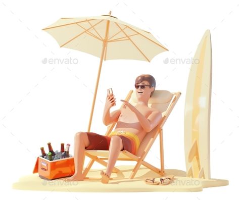 Man Sunbathing on the Beach with Smartphone Man In Shorts, Sunbathing Chair, Beach Sunbathing, Beach Drawing, Man Character, Guy Drawing, Beach Travel, Beach Chairs, Graphic Design Art