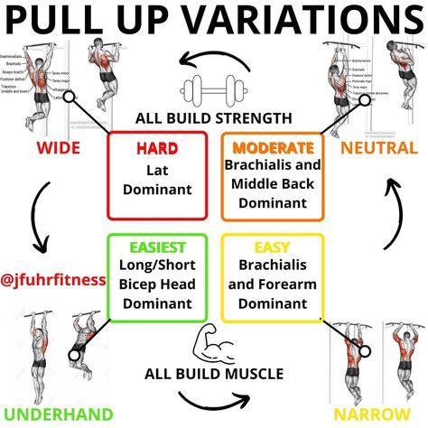 Justin Fuhrman on Instagram: “Basic Pull Up Variations by @jfuhrfitness ⬅️⬅️Swipe left for pull up tips for beginners if your currently struggling with pull ups.  PULL…” Pull Ups Muscles Worked, Pull Up Bar Workout, Pull Up Variations, Pull Up Grips, Pull Up Workout, Free Workout Apps, Bar Door, Superhero Workout, Gym Workout Chart