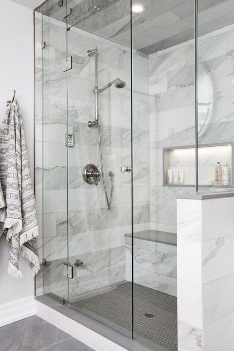 12 Awesome Marble in Shower Design Ideas | Decoholic White Subway Tile Shower Half Wall, Minimal Bathroom Design, Bathroom Closets, Minimal Bathrooms, Makeover Kamar Mandi, Minimal Bathroom, Bathroom Makeovers, Bathroom Showers, Accessible Bathroom