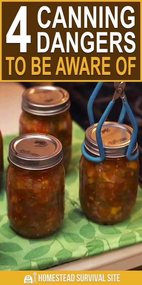 While canning is simple enough to do, it can be dangerous if you don't know what you're doing. Here are four canning dangers you should be aware of. #homesteadsurvivalsite #canning #foodstoragetips #foodpreservation #preservefood What Can You Can, Things To Can And Preserve, Best Things To Can, Soups To Can, Canning Condiments, What To Can, Homemade Sanitizer, Stockpile Food, Emergency Planning