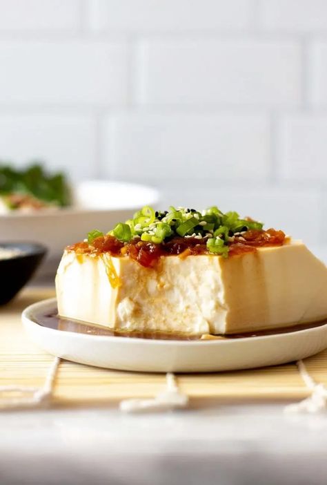 Steamed Silken Tofu with Ginger Garlic Sauce Silken Tofu Sauce Recipes, Silken Tofu Stew, Savory Silken Tofu Recipes, Japanese Silken Tofu Recipes, Steamed Silken Tofu, Cooking Onions, Silken Tofu, Bean Curd, Asian Foods